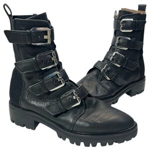 Dolce Vita Gaven Combat Boots Black Leather Lug Sole with Silver Buckles Size 8